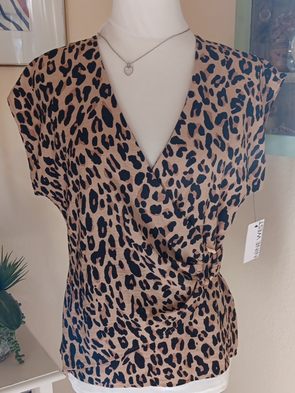 Nine West Leopard-Print Faux Wrap Top in Tan, Black & Brown. Animal Print